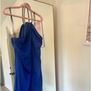 Royal blue silk short dress with dazzled necklace